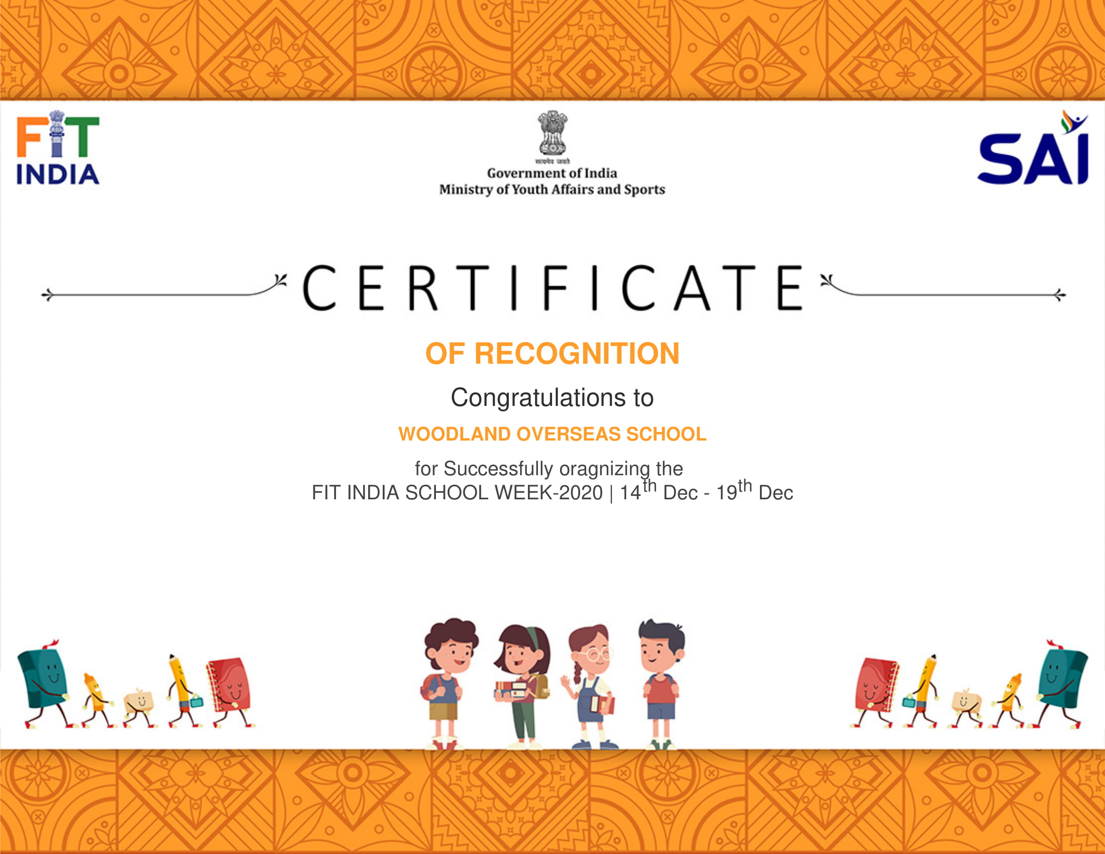 Certificate Released by CBSE for Grand Success of FIT INDIA Week